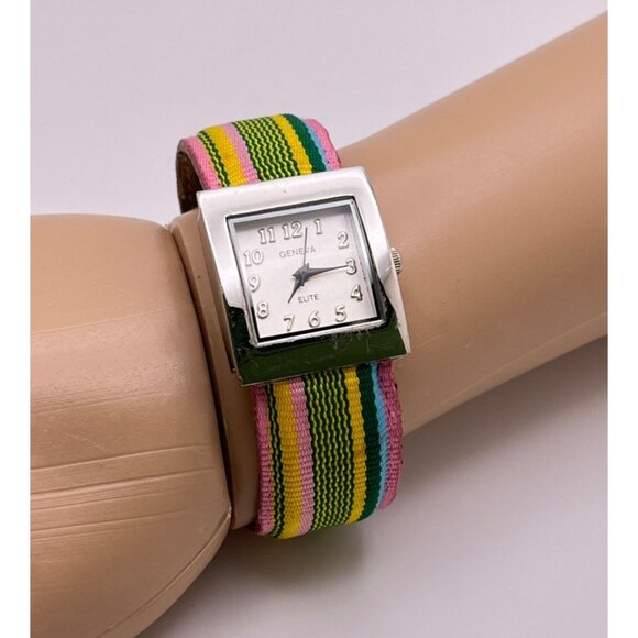 Geneva Elite Womens Watch Rainbow Cuff Bracelet Colorful Striped Fabric Band - Picture 7 of 7